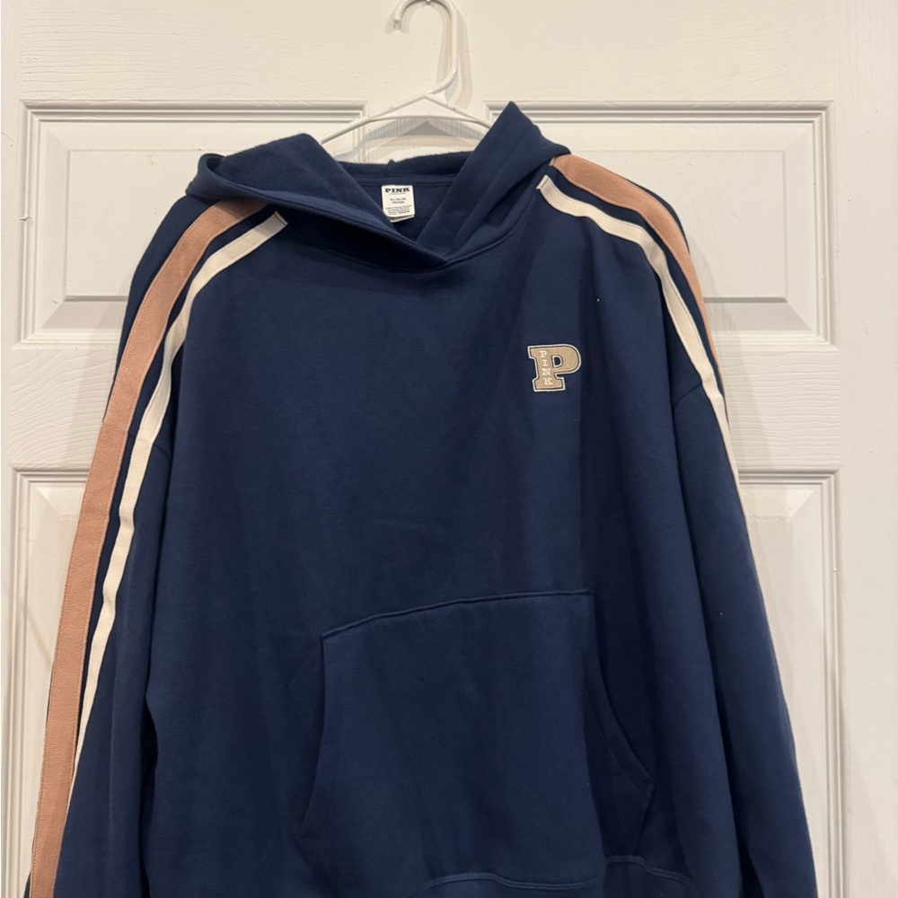 PINK Victoria's Secret Tan and Blue Hoodie Retro Stripes